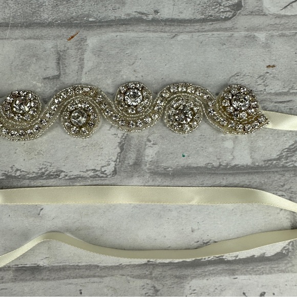 Rhinestone Bridal Belt Sash Off White Cream Colored Satin Ribbon - Picture 4 of 4
